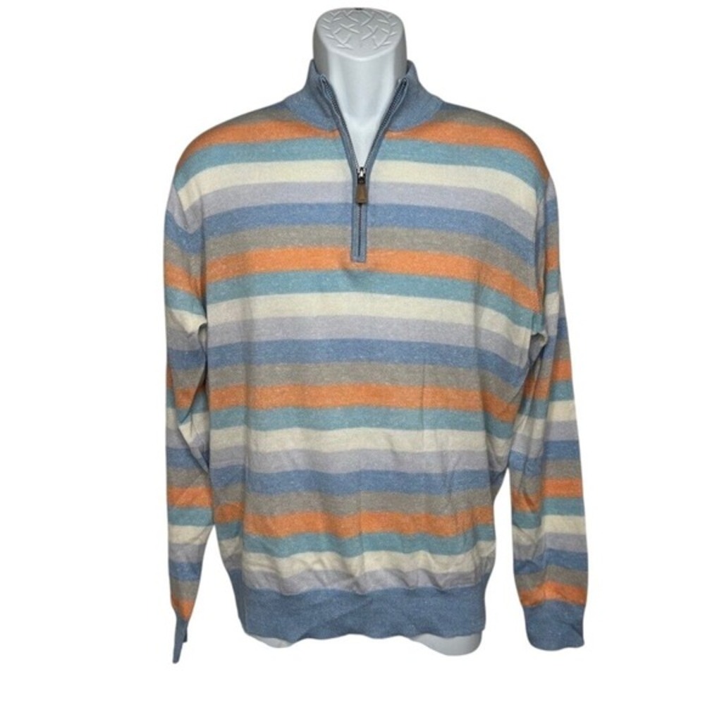NWT Peter Millar Crown Cool Coach 1/4 Zip Sweater Blue Orange‎ Merino Wool Linen